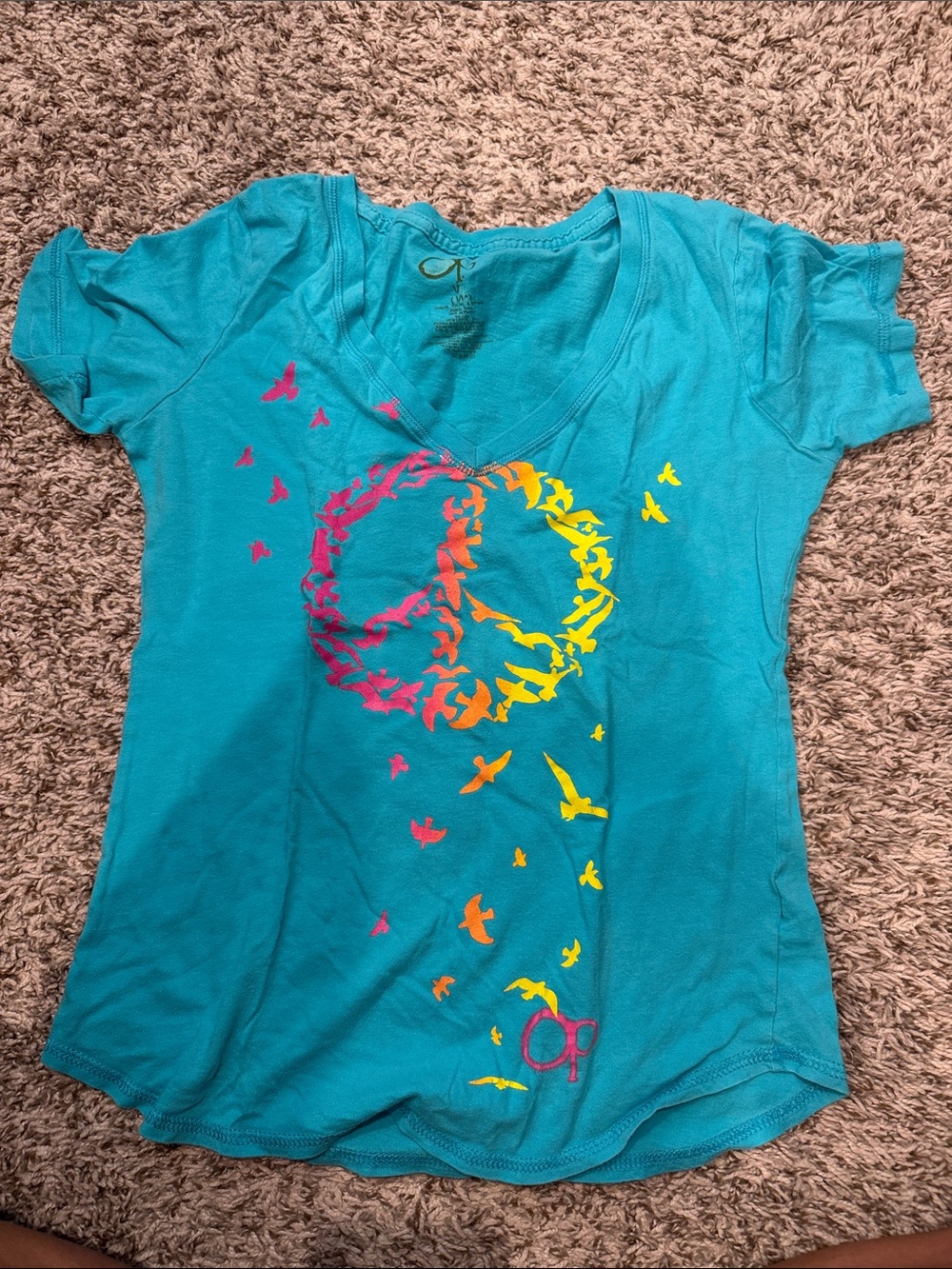 OP Teal V-Neck Tee with Pink and Yellow Peace-Bird Graphic